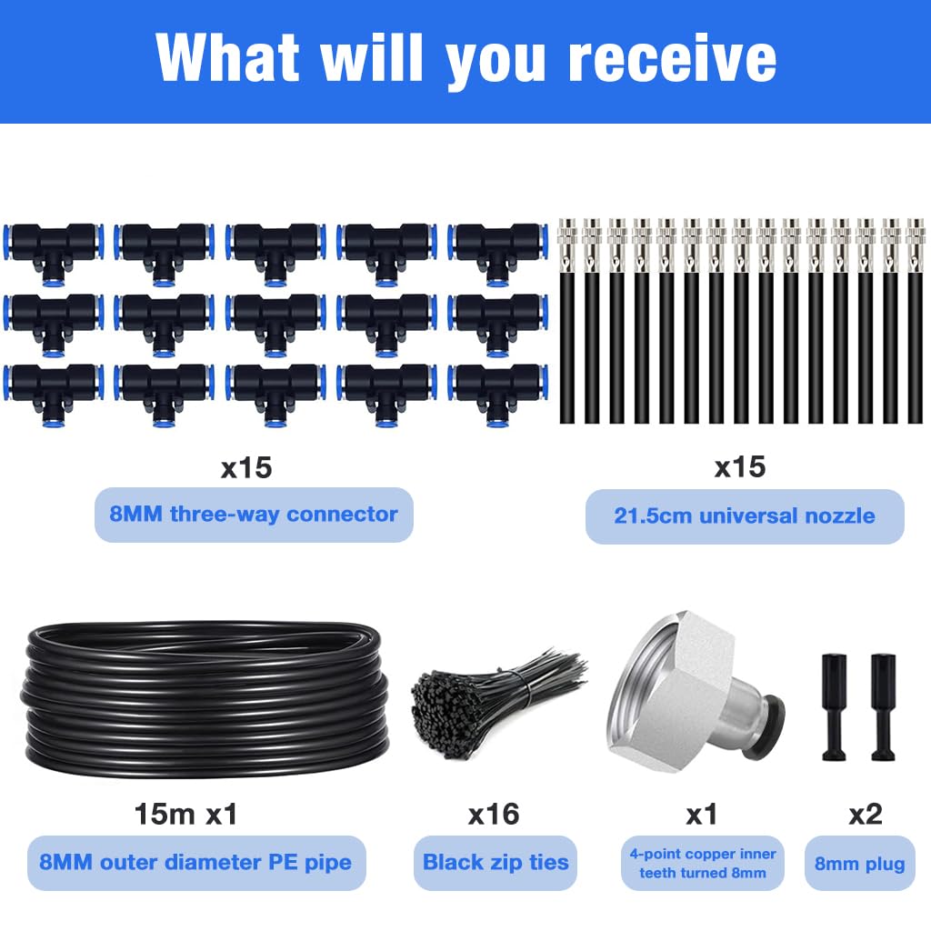 HASTHIP Slow Drip Irrigation Kit 15m Long Drip Water Pipe with 15 Flexible Mist Sprayer Pipes with Tee Joints & 15 Cable Ties Water Saving Drip Irrigation Kit for Flower Bed, Garden, Bush