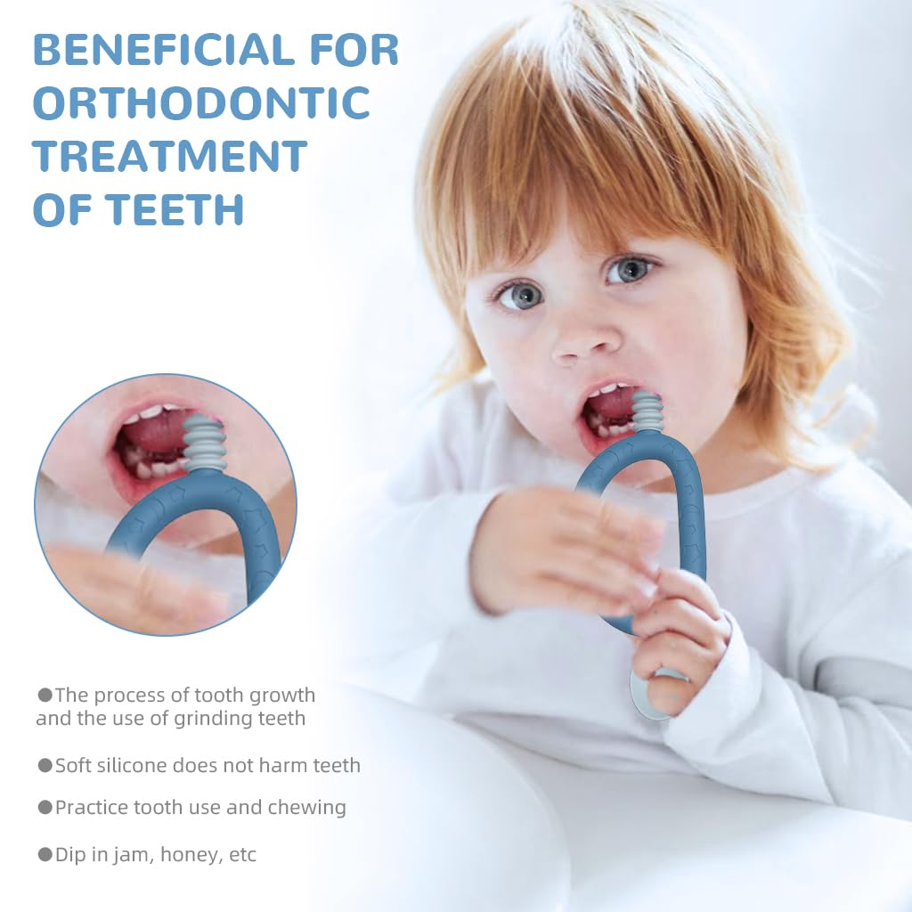 SNOWIE SOFT Baby Spoon 2 in 1 Baby Spoon Teether Spoon Feeding Spoon Innovative Loop Grip Self-feeding Spoon Food Grade BPA Free Soft Silicone Spoon Heat Resistant Baby Spoon for 6 Month+, Blue