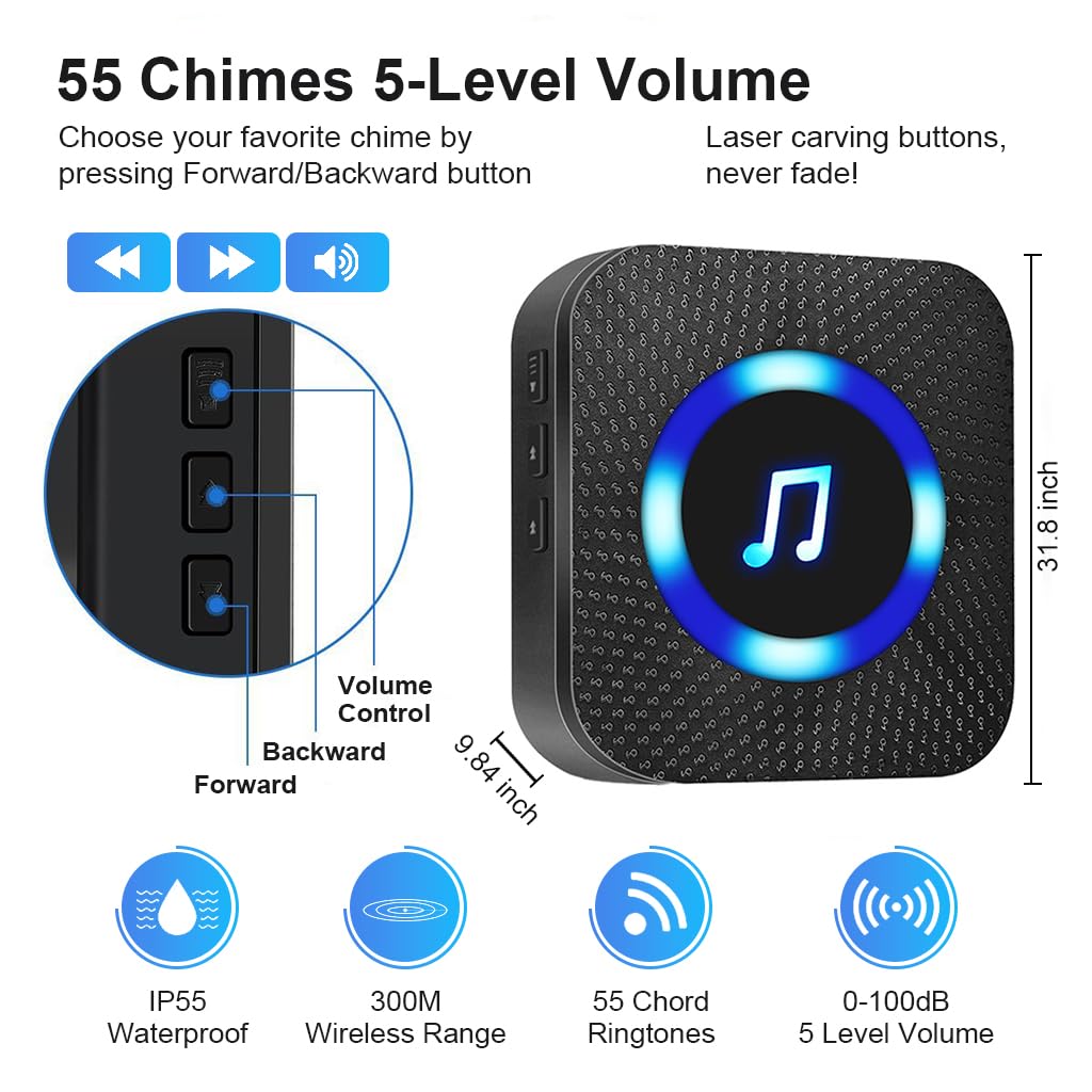 Supvox Door Bell for Home 1 Receiver & 2 Transmitter Wireless Bell for Office Calling Bell Wireless Waterproof IP55 Long Range Remote Bell with LED Indicator Light and 55 Ringtones Door Bell