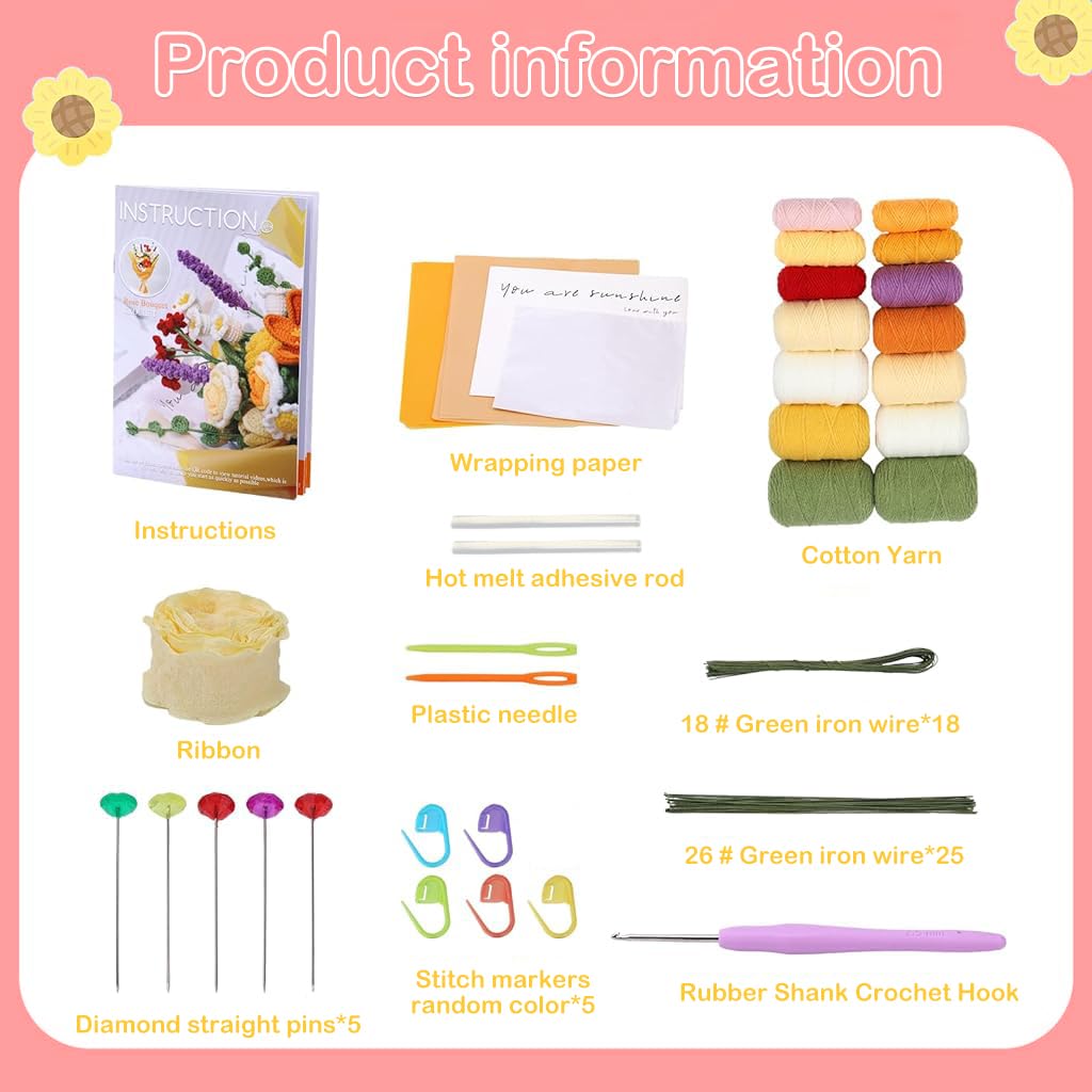 PATPAT DIY Crochet Kit Flower Bouquet Material Kit Crochet Kit for Beginners, Knitting Kit Rose Flowers Bouquet Starter Kit with Yarn Tools, Crochet Hooks & Tutorial Pamphlet, Birthday Gift for Girls