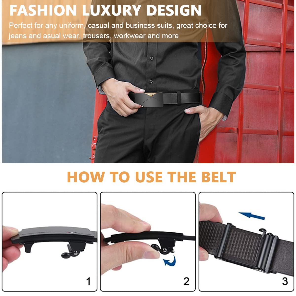 GUSTAVE Men's Leather Belt Adjustable Auto Lock Buckle Belt for Men (Black-I)