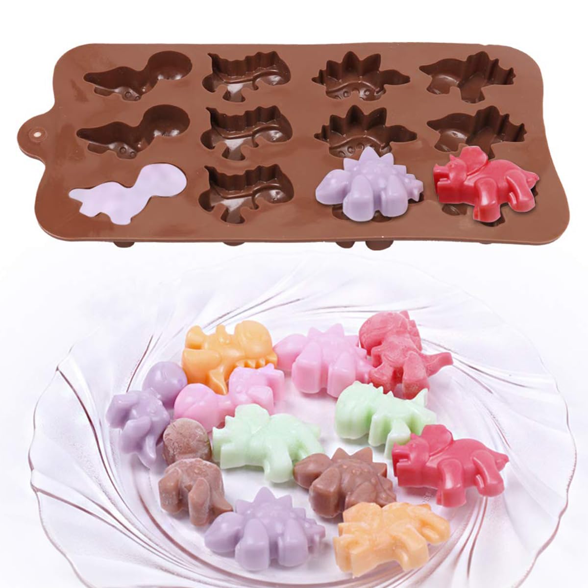 HASTHIP 2Pcs 12-Cavity Dinosaur Animal Chocolate Mold, Set of 2PCS Non Stick Reusable Silicone Dinosaur Animal Mold for DIY Candy Chocolate Jelly Cookie, Ice Cube Tray Mould