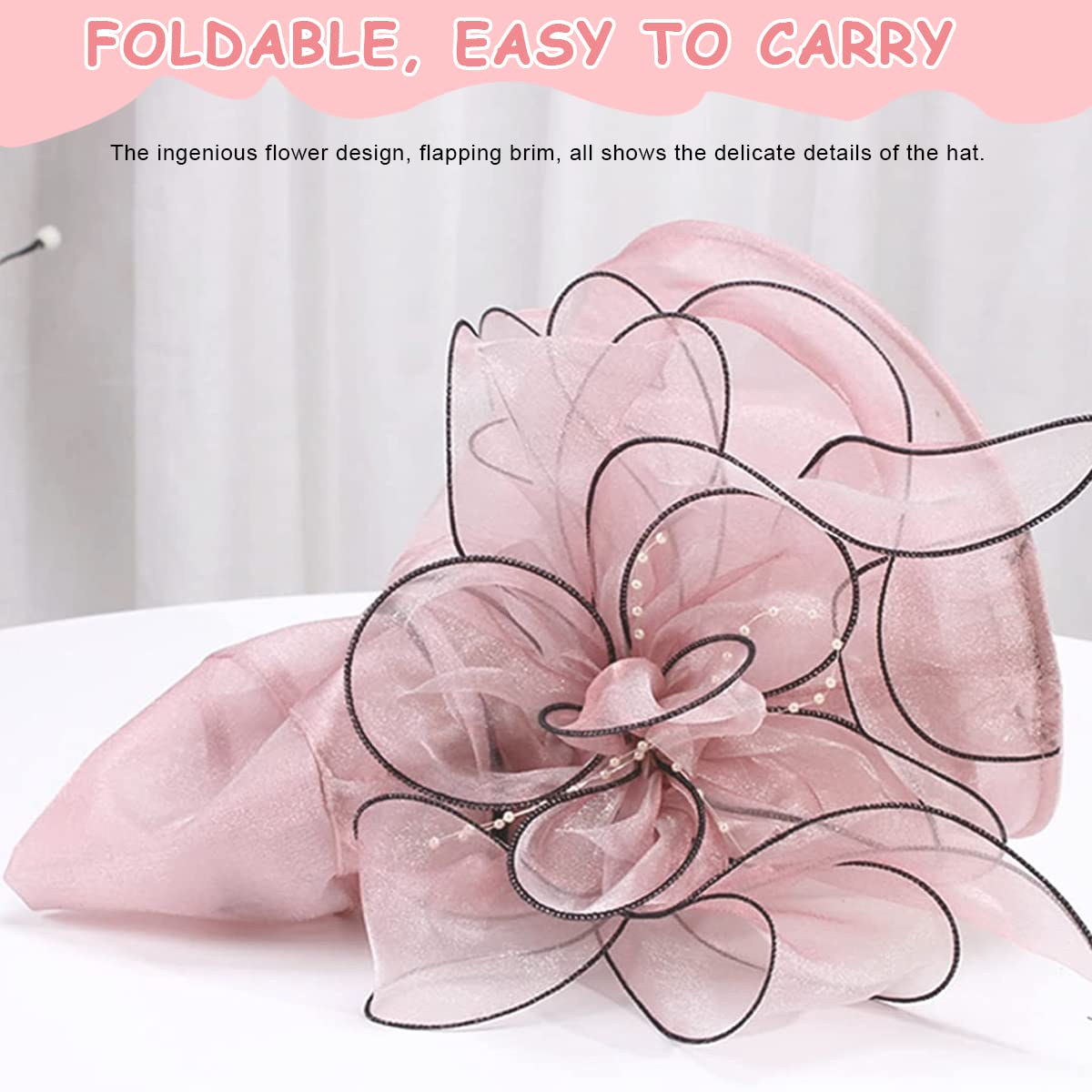 PALAY Fascinator Hat for Women Organza Ladies Cocktail Tea Party Top Hat Elegant Church Wedding Bridal Flower Hat for Events, Banquet, Travel Wide Brim Sun Hat (Pink)