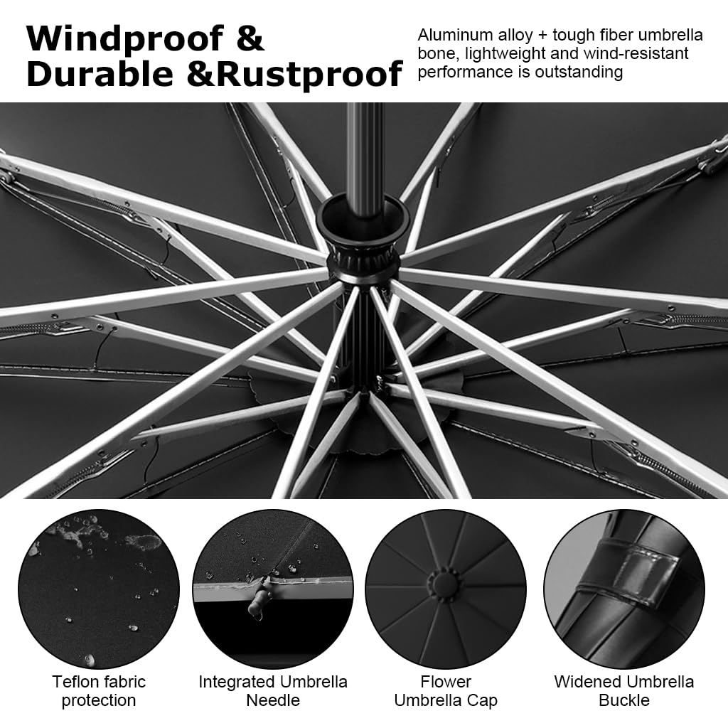 PALAY Large Umbrella for Men Women with Reflective Strap, 50'' Automatic Open/Close Windproof Travel Folding Umbrella, Reinforced 10 Dual Ribs, 99 UV Protection Umbrella with Carabiner Handle Design