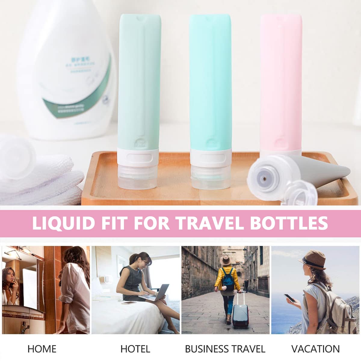 MAYCREATE 14pcs Travel Bottles for Toiletries Silicone Leak Proof Squeezable Containers Cream Jars Spray Bottles Kit for Shampoo Lotion - with Applicator, Funnel, Clean Brush, Label Stickers