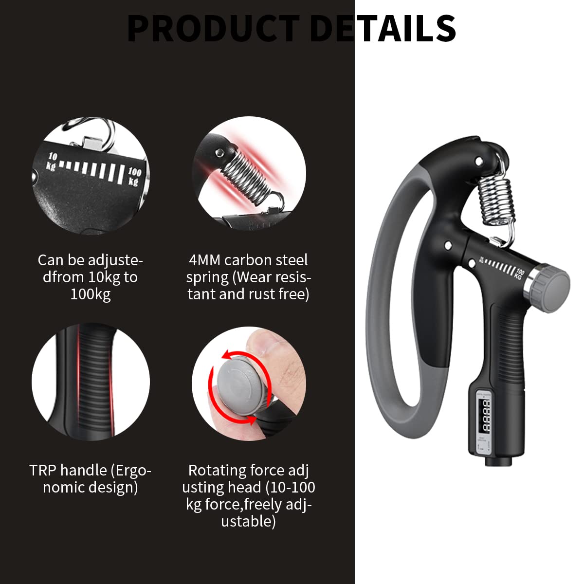 Proberos Hand Grip, Hand Grip Strengthener with Counter, Hand Gripper Upto 100 Kg, Finger ExerciserPower GripperHand Exerciser Equipment, Hand Grip Gym With Counter (Black)