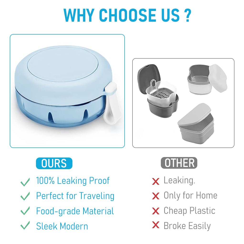 HANNEA Denture Case, Denture Bath Case Cup Box Holder, Leak Proof Portable Retainer Case, Denture Box with Strainer & Mirror for Travel, Denture Case for Aligner Retainer Mouth Guard, Blue