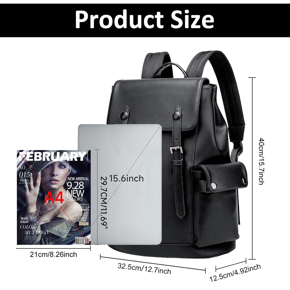 GUSTAVE Laptop Backpack PU Backpack 15.6 Inches Fashion Business Laptop Drawstring Backapck Breathable Mesh Back Support Unisex Black School Backpack Casual Backpack Day Pack, 30x18x44cm