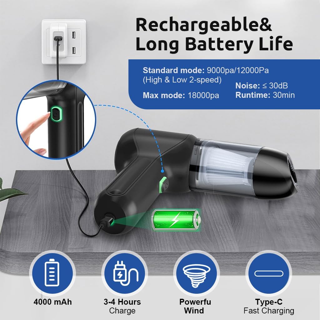 Verilux Electric Compressed Air Duster, 12000PA Handheld Cordless Air Duster, 120W Cordless Vacuum Cleaner with Dust Blower, 2 in 1 Car Vacuum Cleaner 7.4V 4000mAh Portable Vacuum Cleaner for Home Office Cars