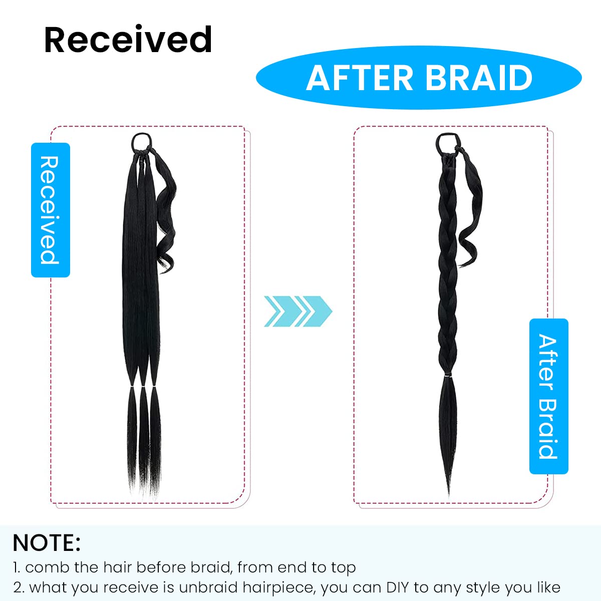 MAYCREATE Ponytail Hair Extension for Women, Long Braided High Ponytail Extension with Rubber Band, Straight Wrap Around Natural Soft Synthetic Hair Piece - 31 Inch, Black