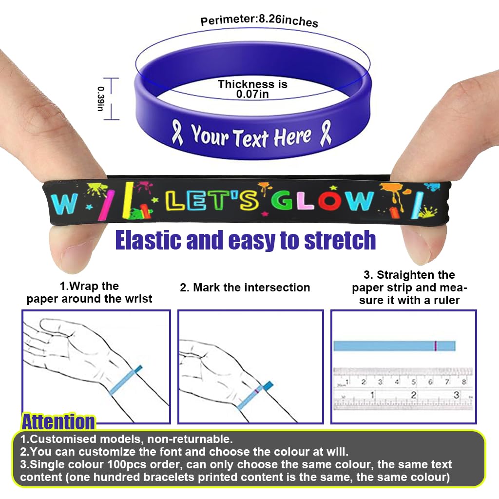 PATPAT 100Pcs Neon Custom Silicone Wristbands - Personalized Printed - Add a Message - Customizable Rubber Bracelets - Customized for Motivation, Events, Companies, Support, Fundraisers(Yellow)