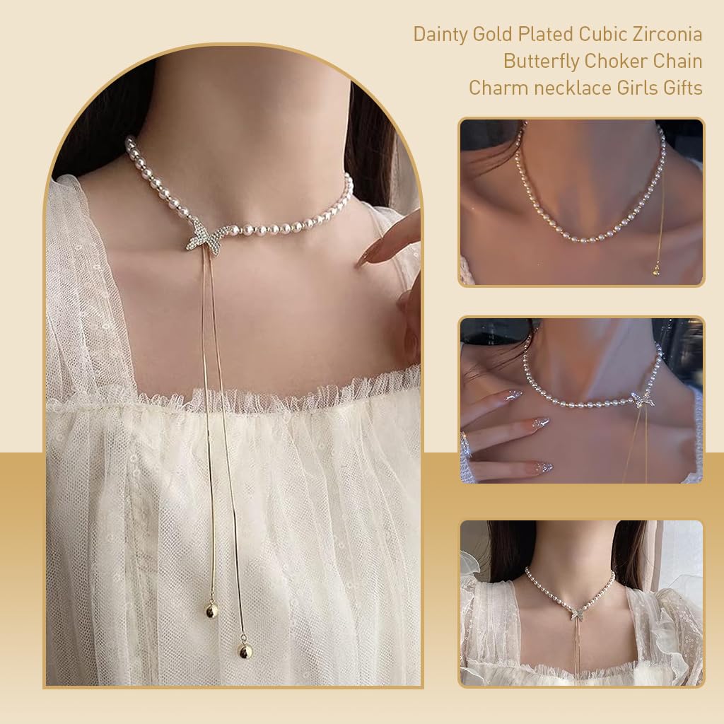 SANNIDHI Pearl Necklace for Women and Girls Clavicle Butterfly Necklace Stylish Trendy Adjustable Butterfly Pendant for Women Girls Simple Gold Plated Butterfly Necklaces Jewellery Gift for Women