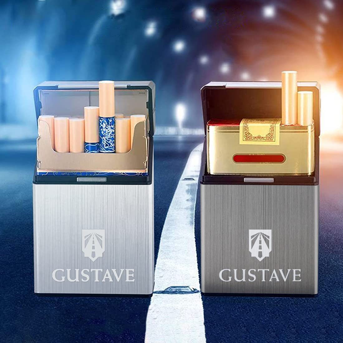 GUSTAVE Cigarette Case King Size for Whole Package Cigarettes 20pcs Anti-Collision Splash Proof and Scratch Resistant 2 Pack, Plastic Material, Aluminum Sheet Veneer(Black + Silver)