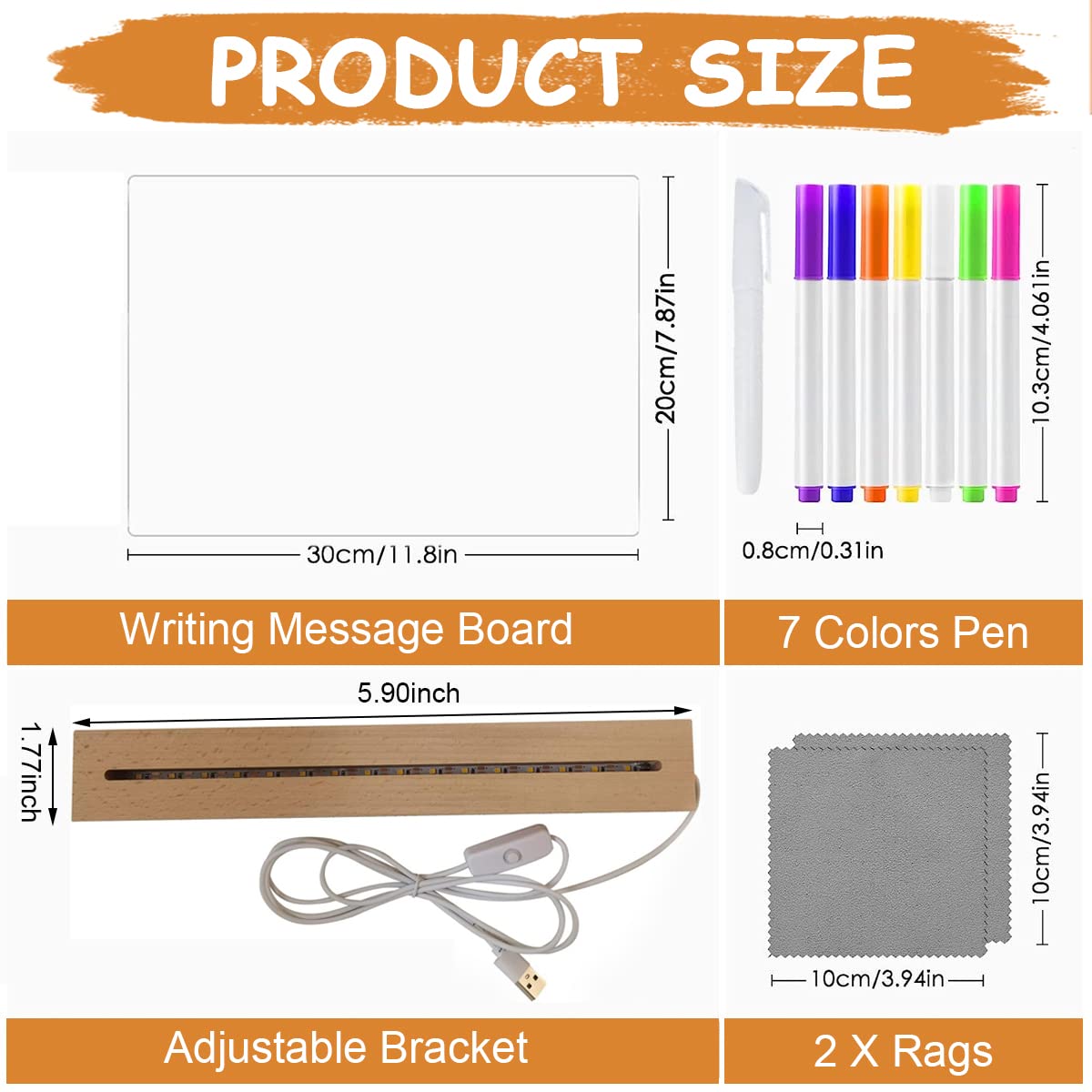 Climberty 3D Acrylic Writing Board with 7 Color Pen, 11.8'' X 7.9'' USB Light up Dry Erase Board with Wood Base, Rewritable Acrylic Writing Board for Leaving Messages, Daily Schedules, Plans, Notes