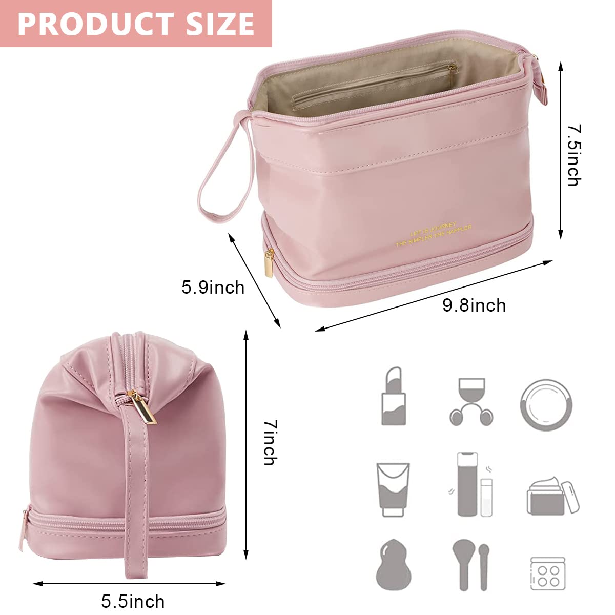 MAYCREATE Large Capacity Cosmetic Bag, Women's Makeup Travel Bag Portable Leather Cosmetics Bag with Handle, Double Layer Portable Zipper Toiletry Bag for Travel Makeup Organizer, Pink