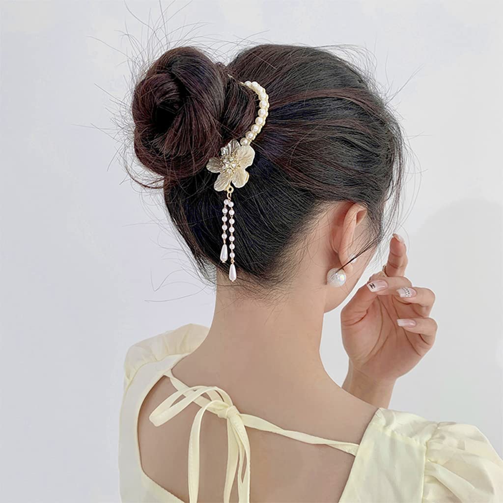 PALAY Tassel Hair Bun Accessories for Women, Pearl Flower Hair Bun Clips, Trendy Hairstyle Claw Hair Clips for Buns, Metal Rhinestone Bun Holder for Party or Daily Use
