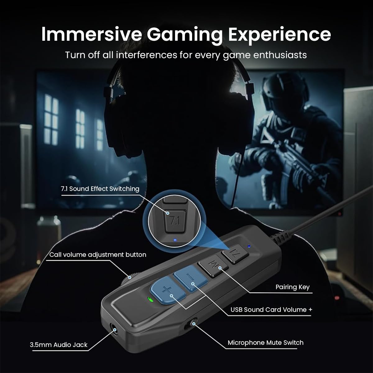 Verilux USB External Sound Card, Simultaneous Phone Discord Chat & Gaming Sound in Wired Headphone, USB to 3.5mm Jack Audio Adapter, 7.1 Surround Sound, Works with PS5, PS4, PC