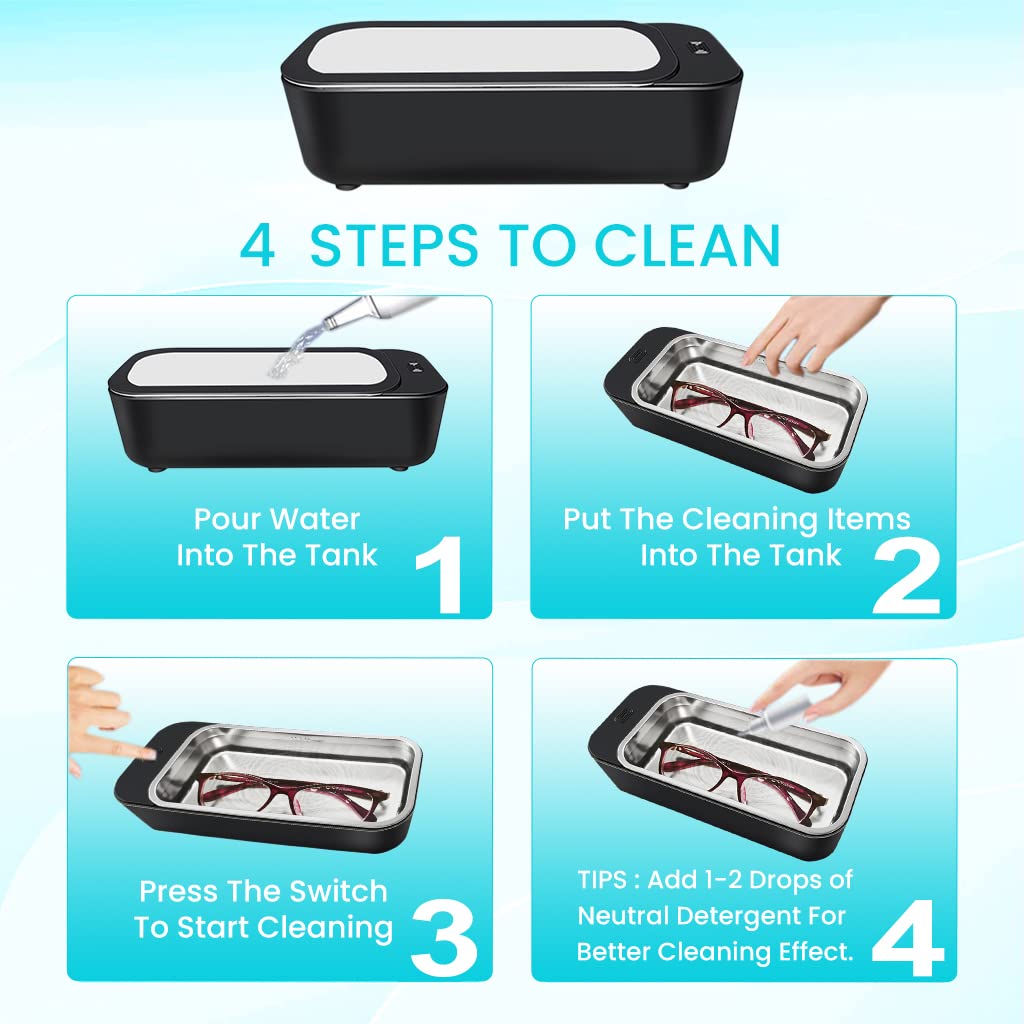HASTHIP 42 kHZ Portable Professional Ultrasonic Mini Jewelry Cleaner with Stainless Steel 450ml Chamber for Cleaning Jewelry, Eyeglasses, Watches, Ring, Necklaces