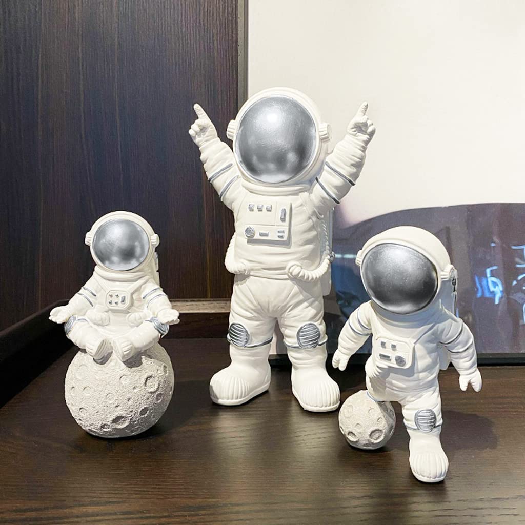HASTHIP 3PCS Astronauts Figures Statues Decor, Ornaments Resin Outer Space Themed Decor, Spaceman Planet Sculpture for Desktop & Tabletop Decor, Gift for Space Lovers, Silver