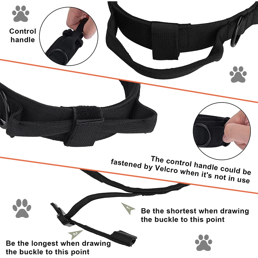 Qpets Dog Collar Adjustable Nylon Tactical Dog Collar with Strap Handle Dogs Training Collar Quick Release Metal Buckle for Small Medium Large Dogs(Black,XL,19.6''-23.2''/50-59cm)