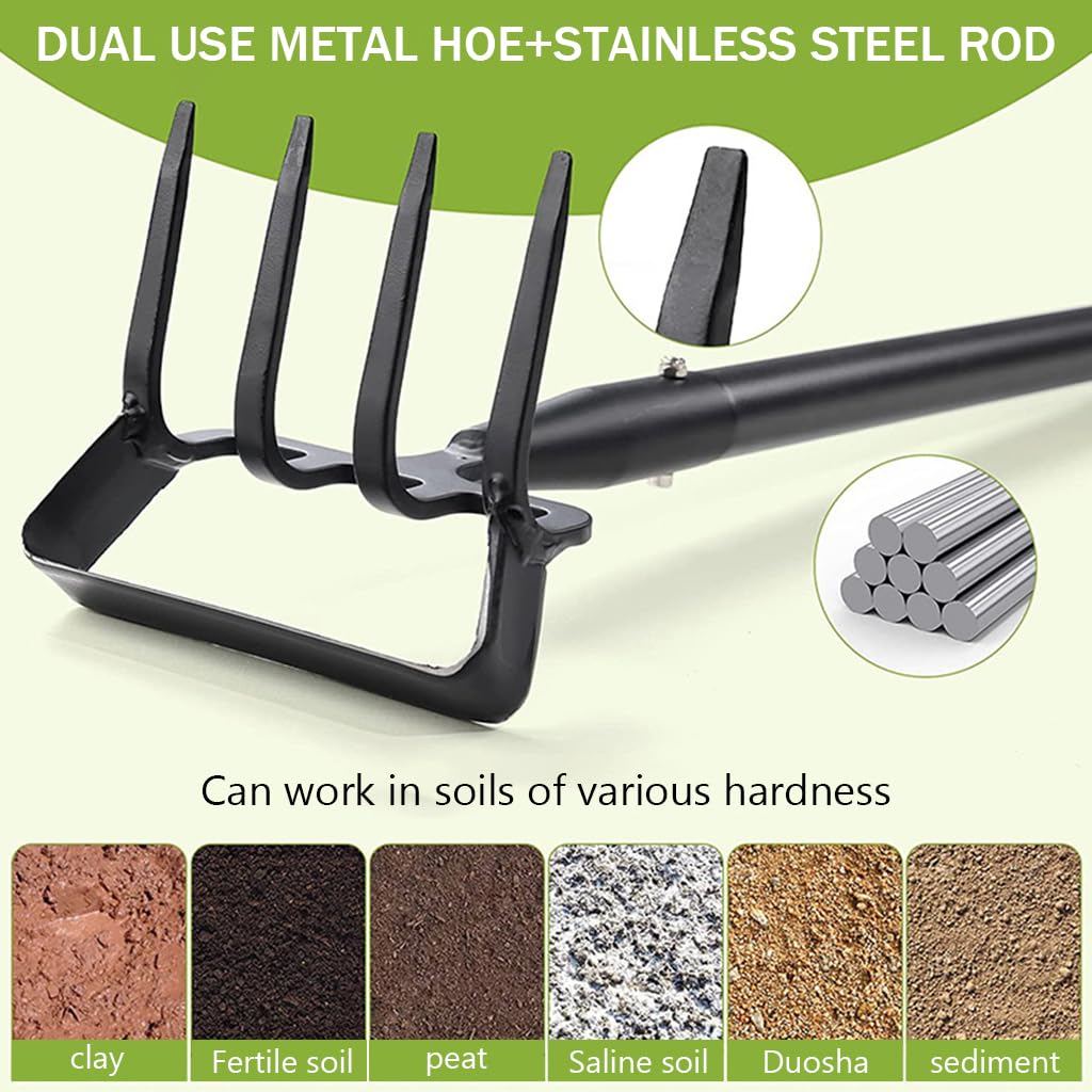 HASTHIP 77-165CM Rake for Gardening, Stainless Steel Telescopic Garden Rake for Quick Clean Up of Lawn and Yard, Adjustable Rake Claws Spacing Garden Broom with Long Handle for Clean Leaves
