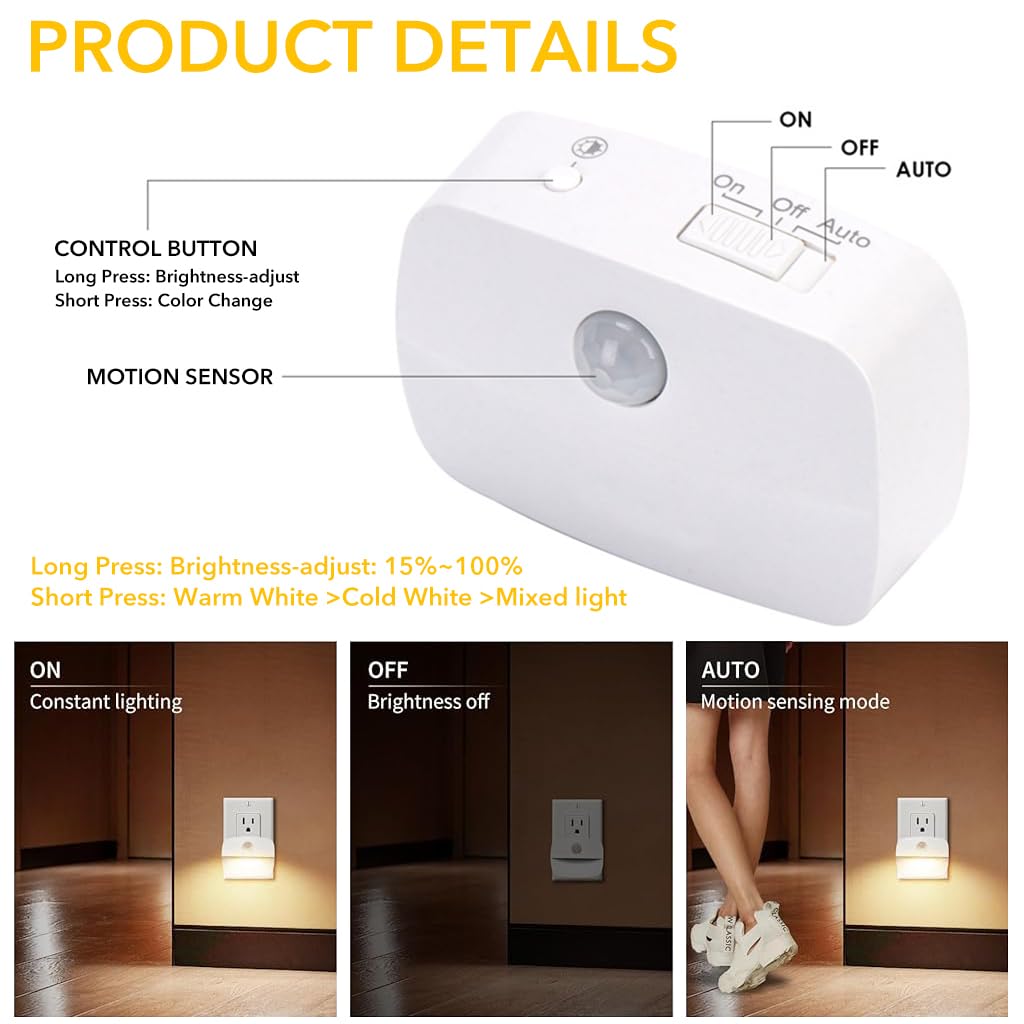 ELEPHANTBOAT® LED Night Light 3-Color Motion Sensor Smart Night Lights Multi Modes LED Night Light Wardrobe Light Stair Light Cabint Light Plug and Go Motion Sensor Lights for Bedroom, Kitchen, Entry