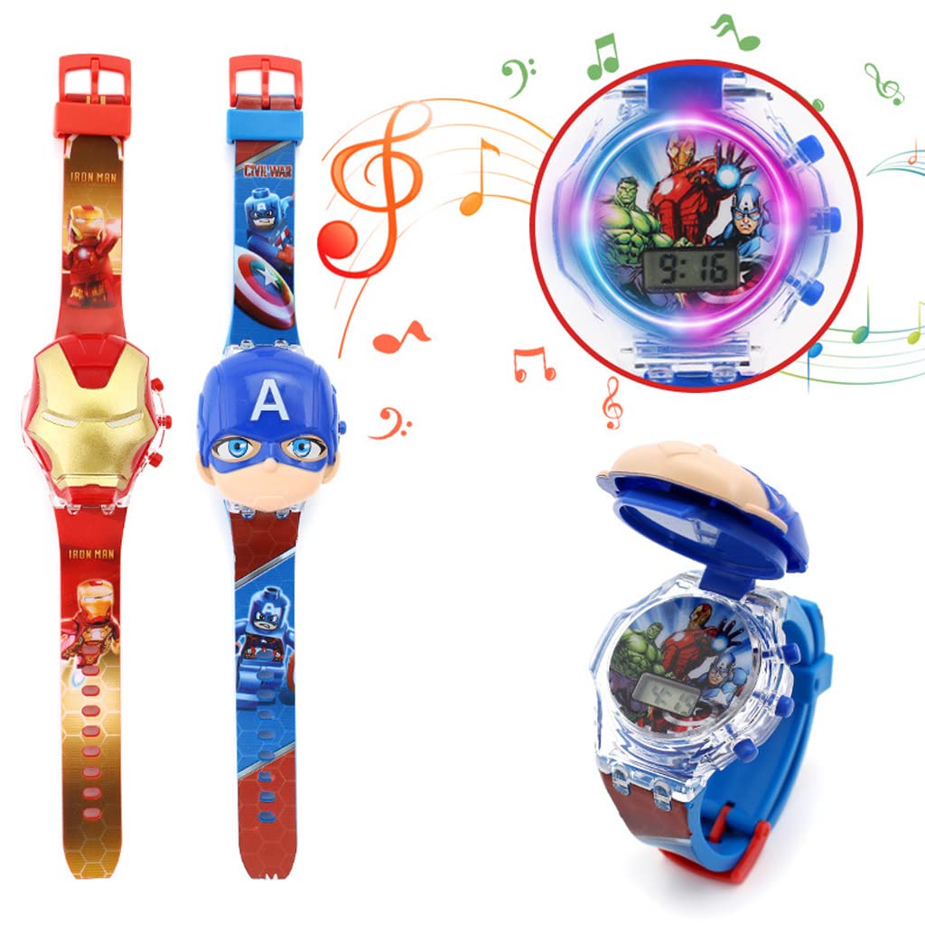 PATPAT Cartoon Kids Watch for Boys, 2pcs Wrist Watch for Kids with Music and Light, Iron Man Watch, Captain America Watch, Adjustable Strap, Digital Watch for Kids, Birthday Gift, Children's Day Gift