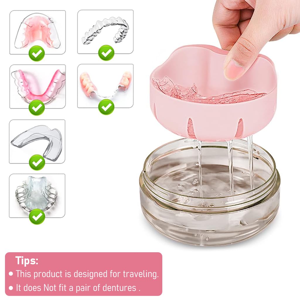 HANNEA Denture Case, Denture Bath Case Cup Box Holder, Leak Proof Portable Retainer Case, Denture Box with Strainer & Mirror for Travel, Denture Case for Aligner Retainer Mouth Guard, Pink