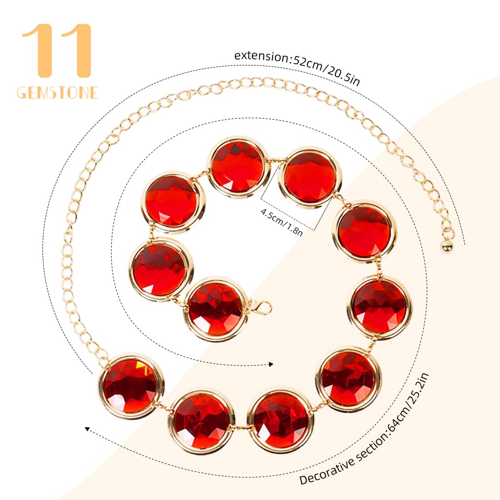 PALAY Waist Belt Fashion Red Gem Chain Belt for Women 45.2 Inches Adjustable Luxury Round Gem Chain Metal Chain Belt for Dress, Skirt, Shirt