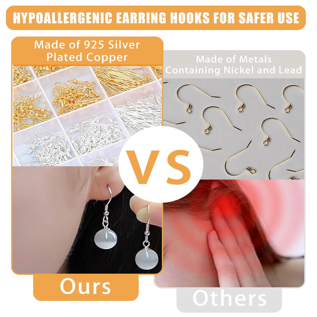 MAYCREATE 2000Pcs DIY Earring Making Kit Golden & Silver Earring Hooks Jump Rings Earring Backs Headpins Eyepins and Tweezer Earring Findings for DIY Earring Making Jewelry Making
