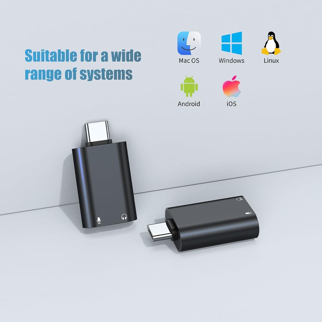 Verilux® USB C Sound Card to 3.5mm Jack Audio Adapter Type Aux External Stereo Headphone for PS4 PS5 Mac Linux Laptop Desktops Docking Station 2PCS