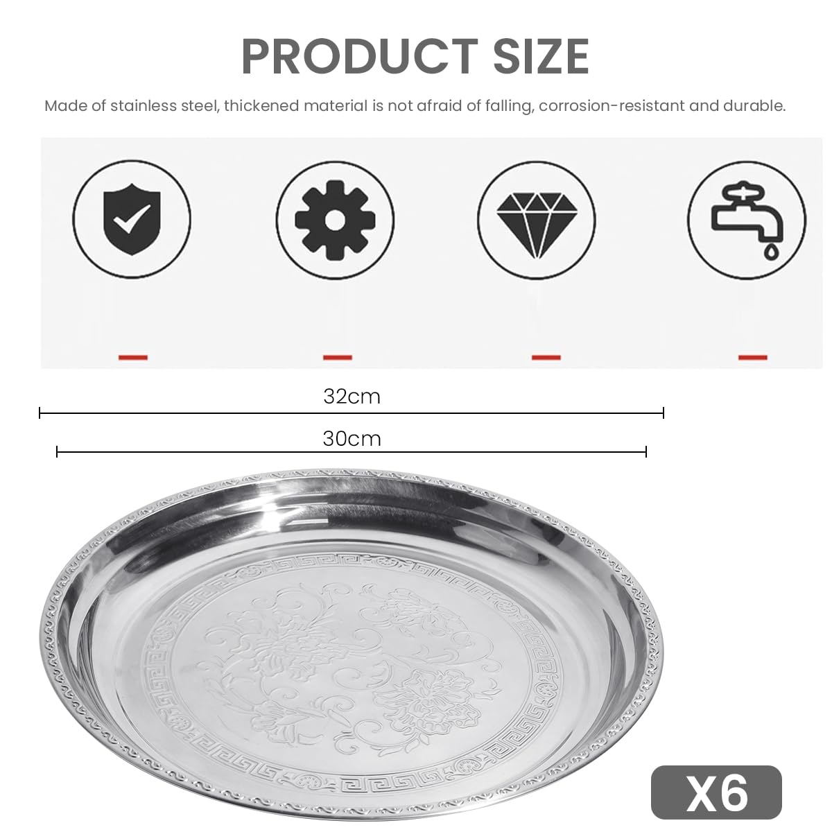 Supvox 6Pcs Stainless Steel Dinner Plates 11.8 Inches Round Shape Embossed Serving Trays Food Grade, Durable, Eco-Friendly, Dishwasher Safe Ideal for Special Occasions and Everyday Use