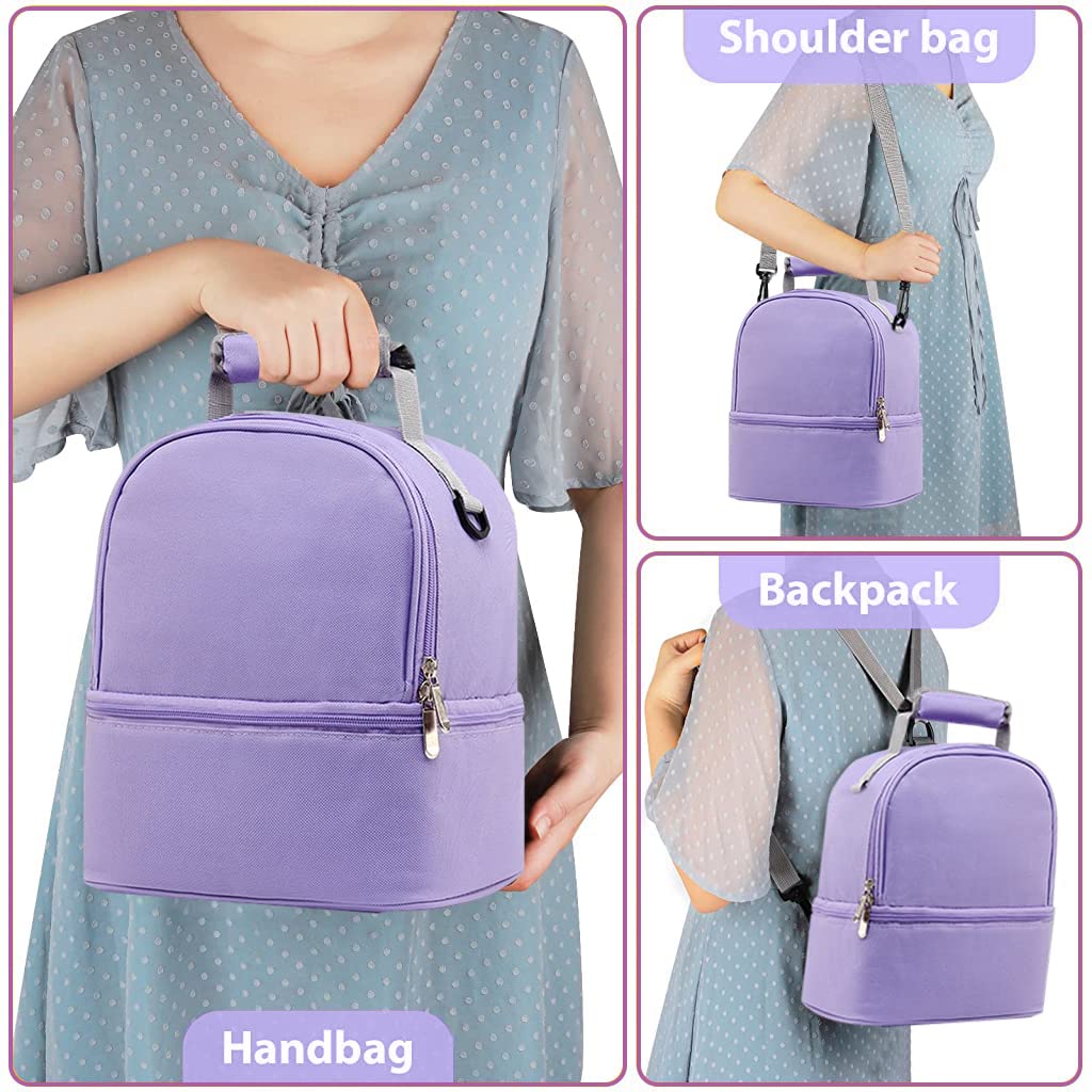 ZIBUYU Breastmilk Storage Bag with Ice Pack, Double Layer Breastmilk Warmer Insulated Bag with Strap, Fits 6 Ounces Bottles, Waterproof Breast Mommy Diaper Backpack Bento Box Backpack, Purple