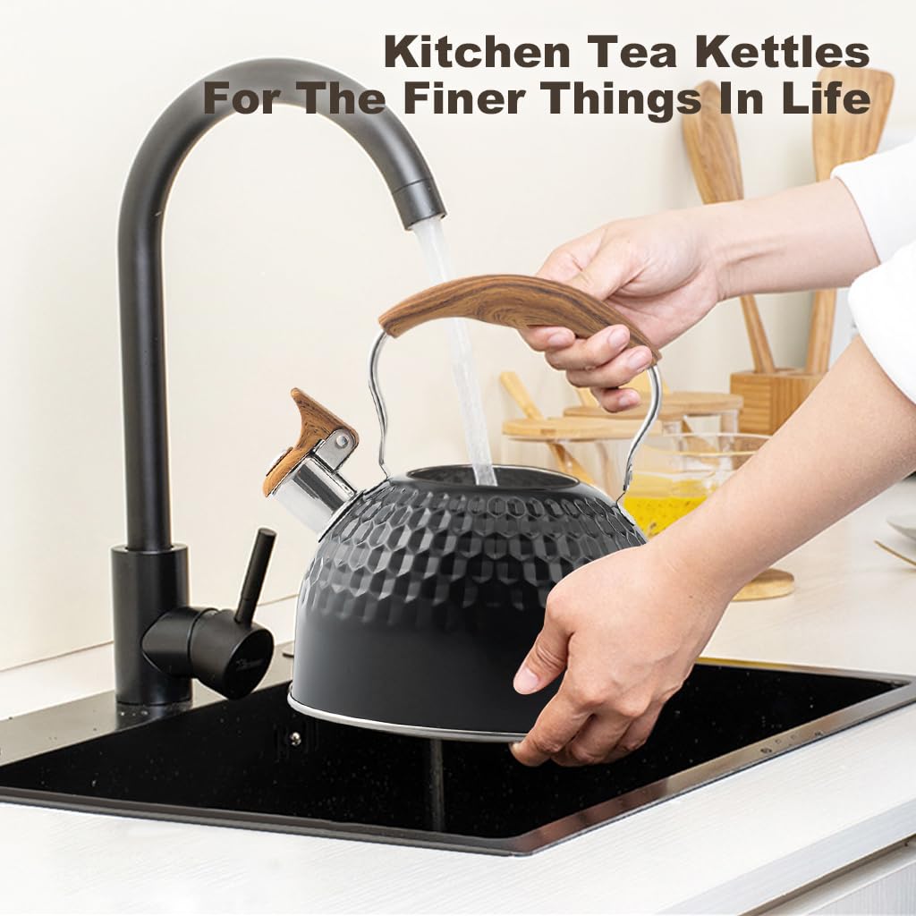 Supvox Tea Kettle 2.5L Stainless Steel Hot Kitchen Watter Kettle High Pitch Whistle Tea Pot on Stove/Induction Cooker, Tea Kettle Anti Scald Handle Coffee Tea Pot for Kitchen Camping, RV, Black