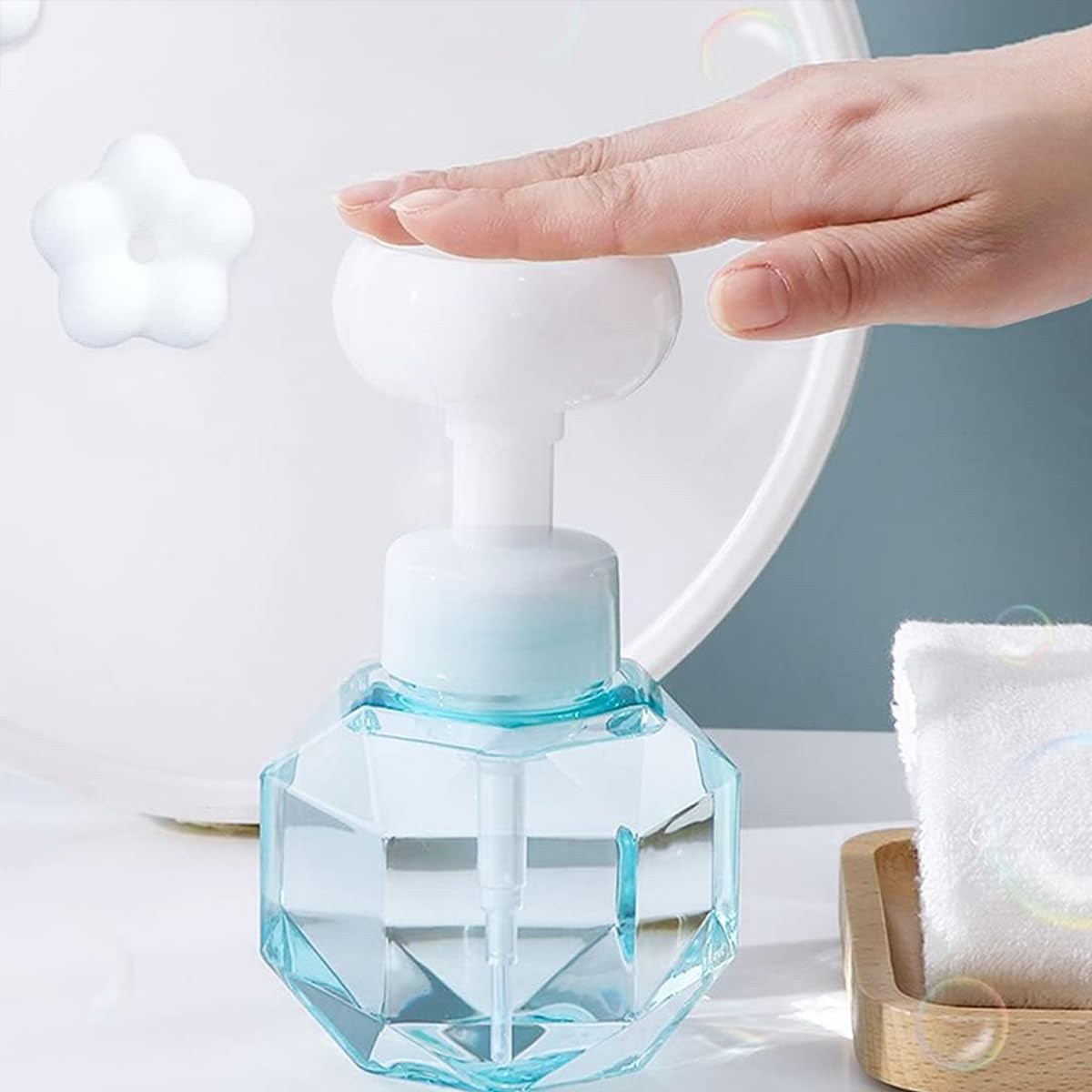 MAYCREATE 2 Pack Foaming Soap Dispenser for Bathroom Kitchen, Empty Flower Foam Liquid Hand Soap Refill Bottle, 300ml BPA Free Plastic Press Container (Foaming Soap Only)