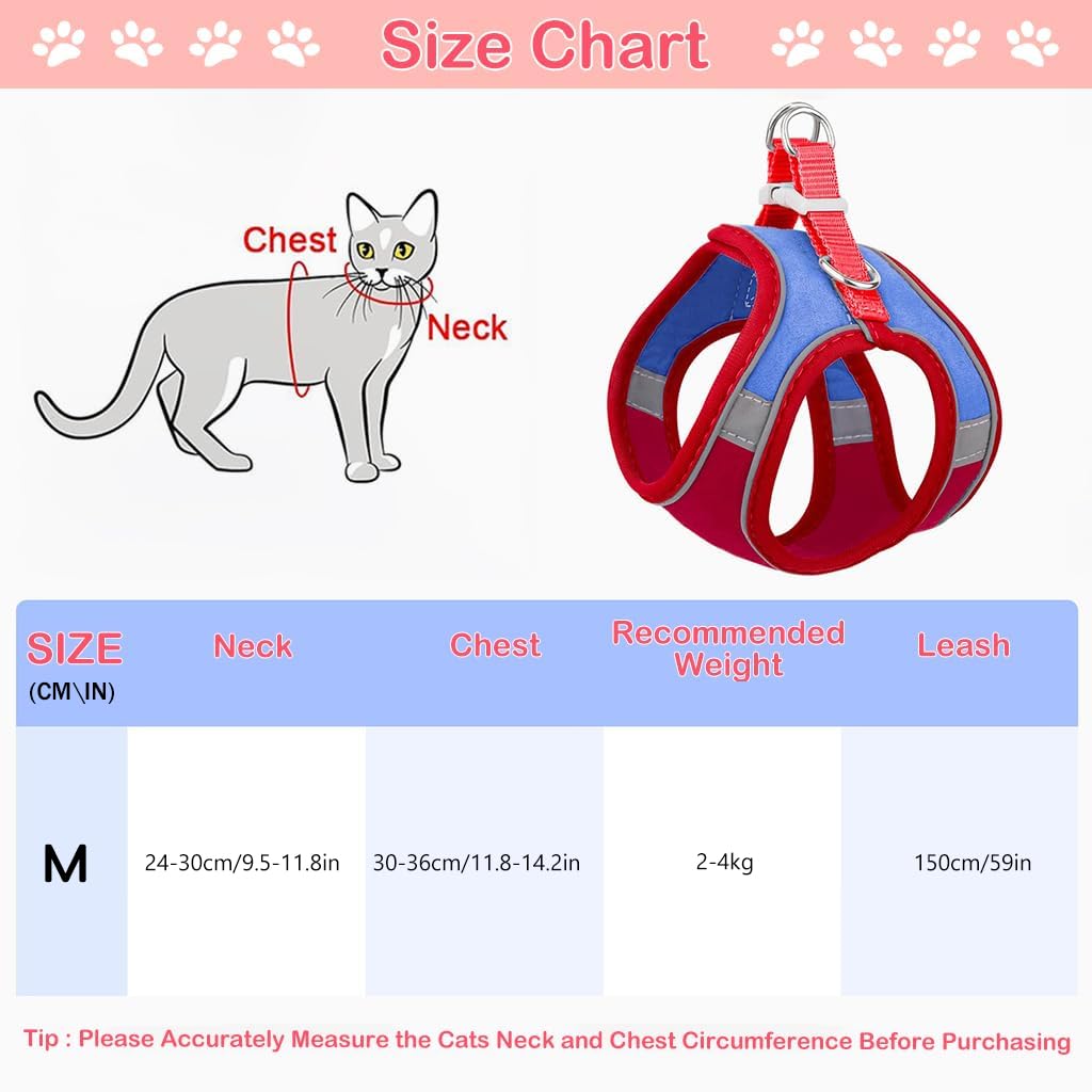 Qpets Cat Harness with 1.5m Leash, Cat Belt Adjustable Size Breathable Cat Vest Strap with Safety Reflective Strip, Cat Leash with Harness for Small Cat and Dog (M, Red)