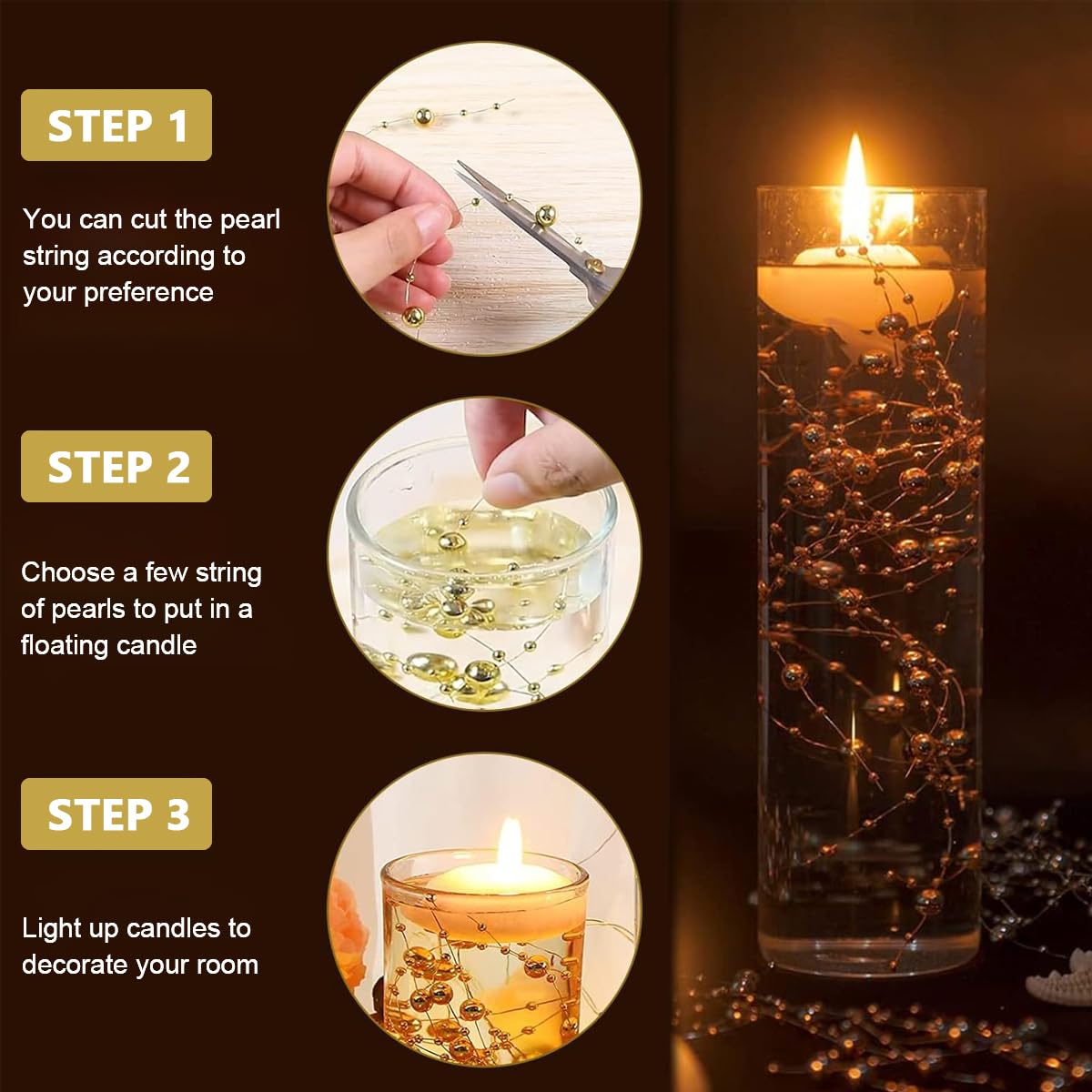 HASTHIP 25Pcs Pearl String for Floating Candles Centerpiece, Faux Pearl Beads Vase Filler for Wedding Table Décor, Gold