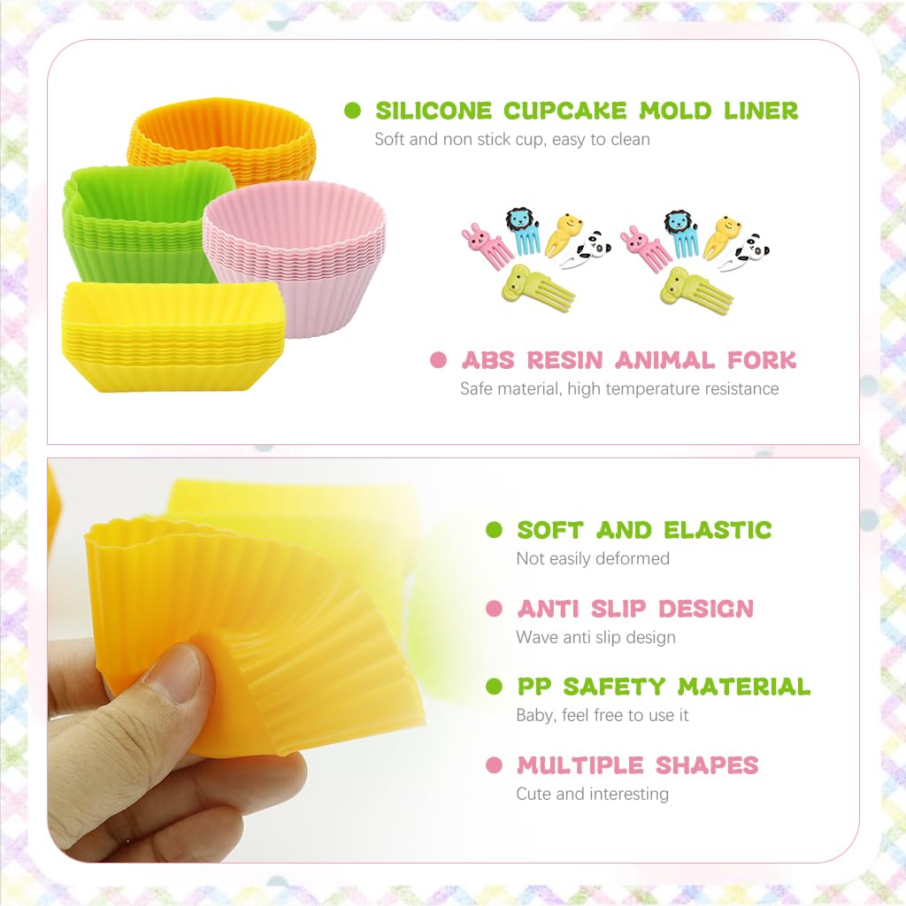 HASTHIP 40pcs Silicone Cupcake Mold Liners & 10Pcs Cartoon Kids Fruit Forks, 4 Shapes Creative Reuseable Cupcake Liners Food Grade Heat Resistant Silicone Cupcake Mold Liners