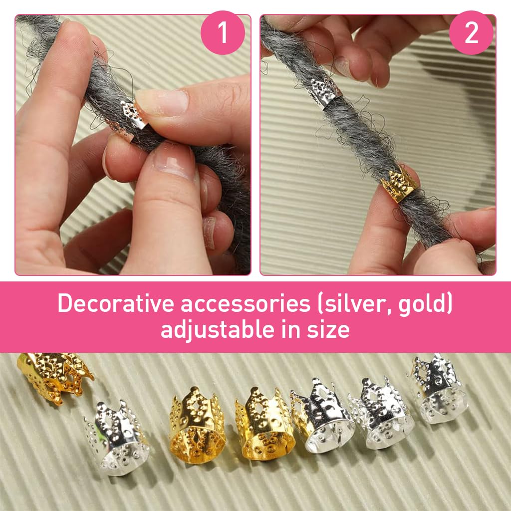 HASTHIP 2Pcs Dreadlock Crochet Hooks Latch Hook Crochet 0.2in / 0.15in Dreadlock Crochet Hooks with Golden Silver Dreadlock Braids Charms Crown Hollow Out Braids Charms