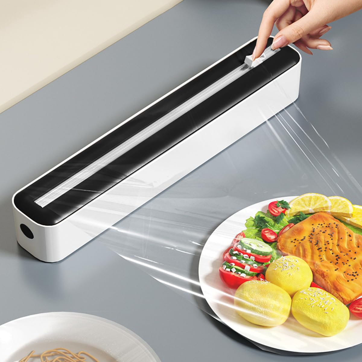 HASTHIP 2 in 1 Food Film Roll Dispenser and Cutter Magnetic Food Wrap Dispenser Bi-Directional Sliding Cutter Kitchen Food Fresh Film Roll Holder for Most 11.81 Width, 1.57 Dia Food Film Roll