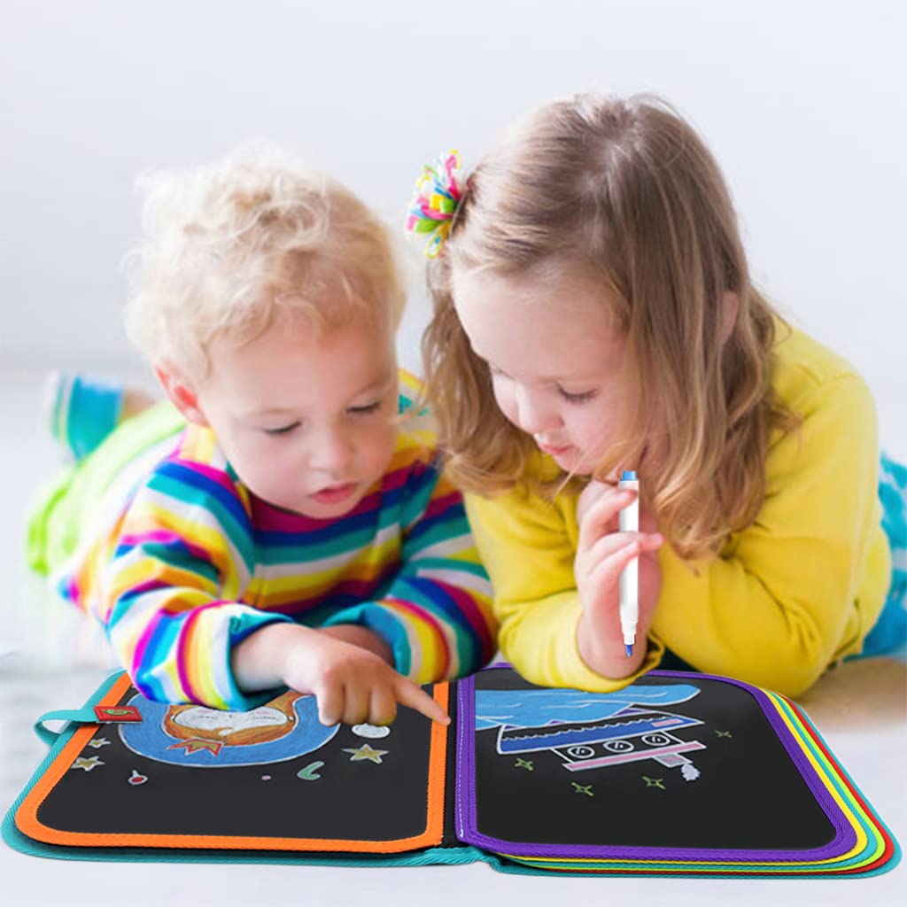 PATPAT Erasable Doodle Book for Kids Big Size Magical Reusable Drawing Book 14 Pages Reusable Drawing Pads with 12 Water-Soluble Chalk Markers Portable Busy Toy Painting Xmas Gifts Set for Boys Girls