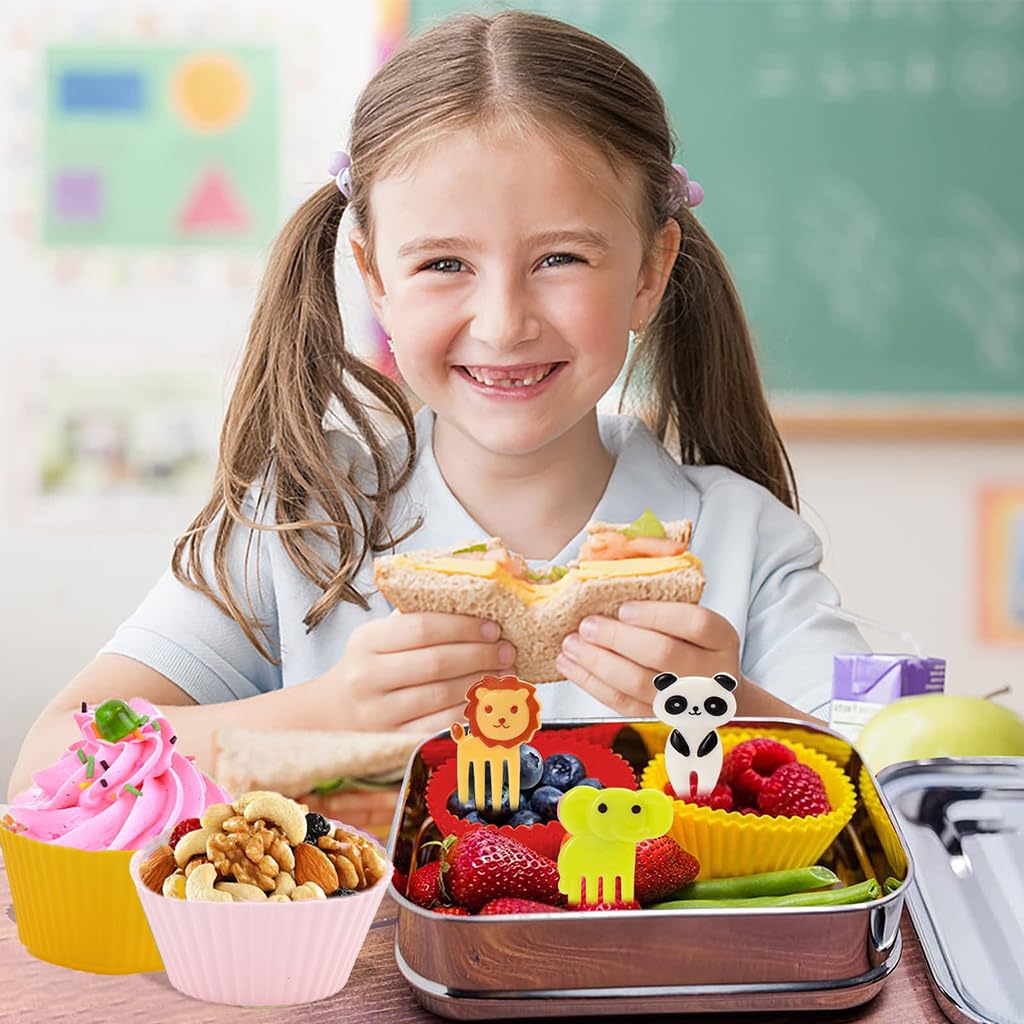 HASTHIP 40pcs Silicone Cupcake Mold Liners & 10Pcs Cartoon Kids Fruit Forks, 4 Shapes Creative Reuseable Cupcake Liners Food Grade Heat Resistant Silicone Cupcake Mold Liners