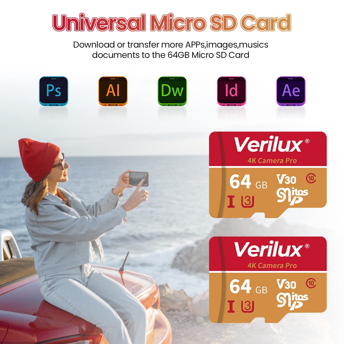 Verilux Micro SD Card 64 GB Universal Camera SD Card Memory Card with SD Card Adapter