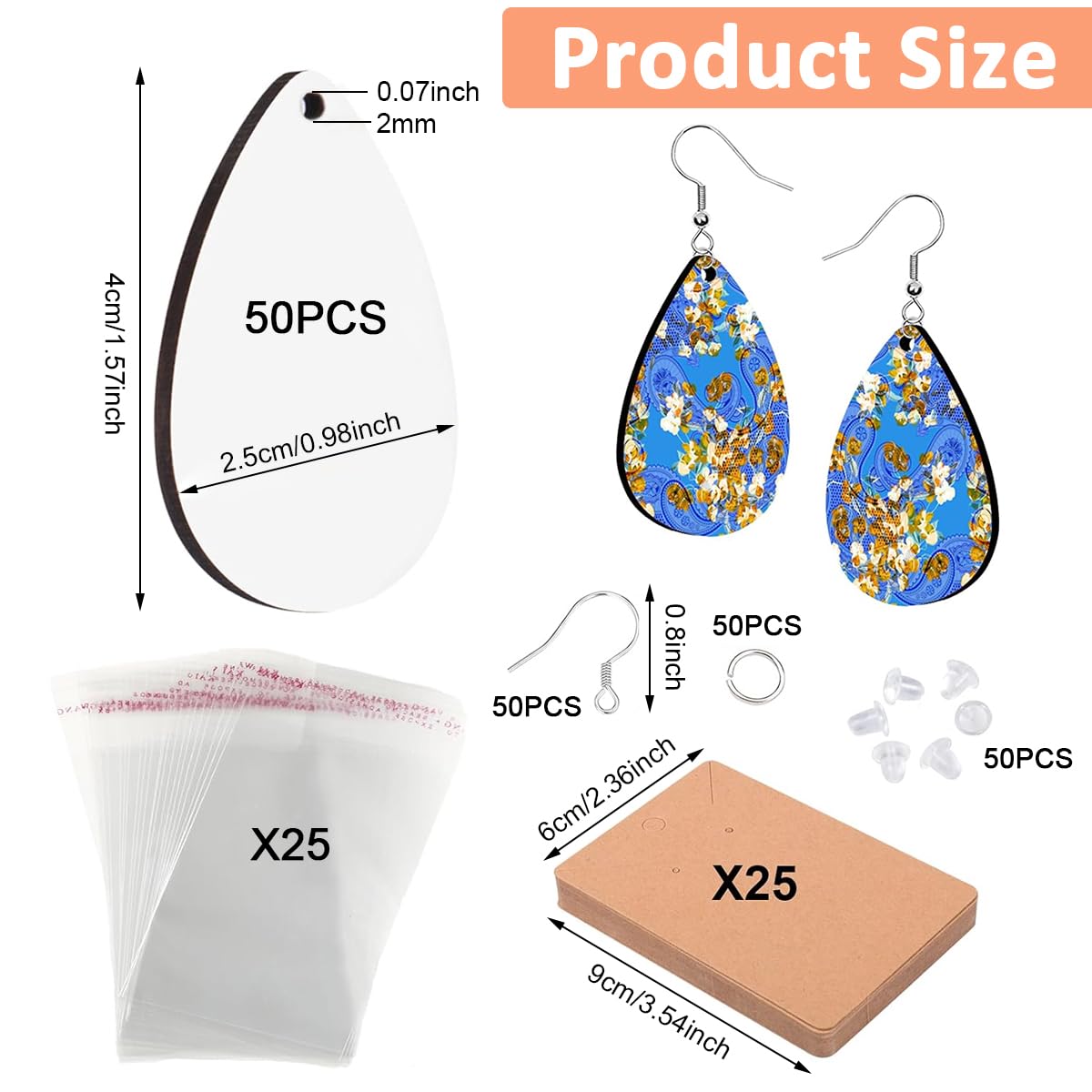 MAYCREATE 50Pcs DIY Raindrop Earrings Making Kit Sublimation Earrings Making Kit DIY Sublimation Craft Jewelry Making Accessories Kit for DIY Raindrop Dangle Earring