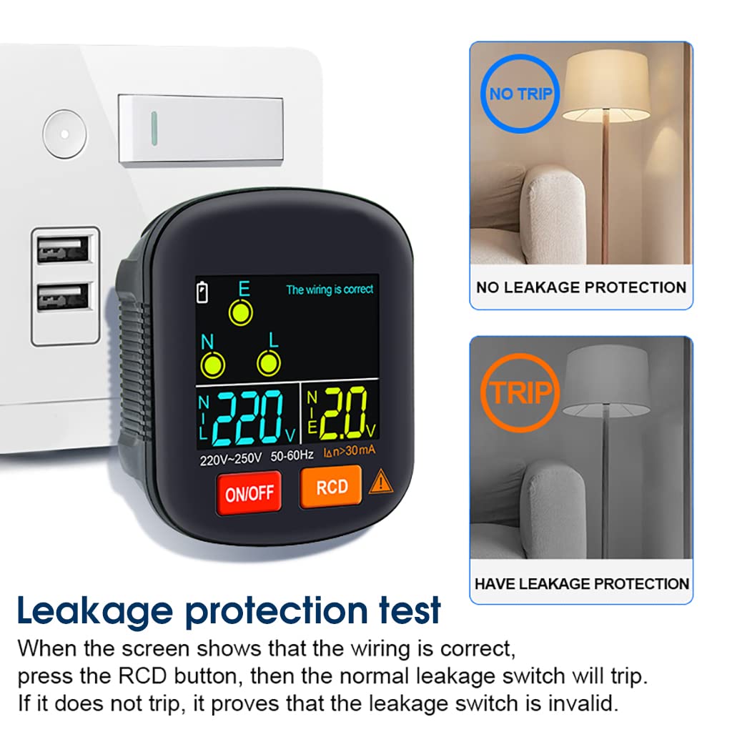Serplex RCD Socket Tester, EU Plug Voltage Tester with Live Voltage and Leakage Voltage Display, Automatic Voltage and Leakage Check Battery Powered Wall Plug for Neutral Line Wire