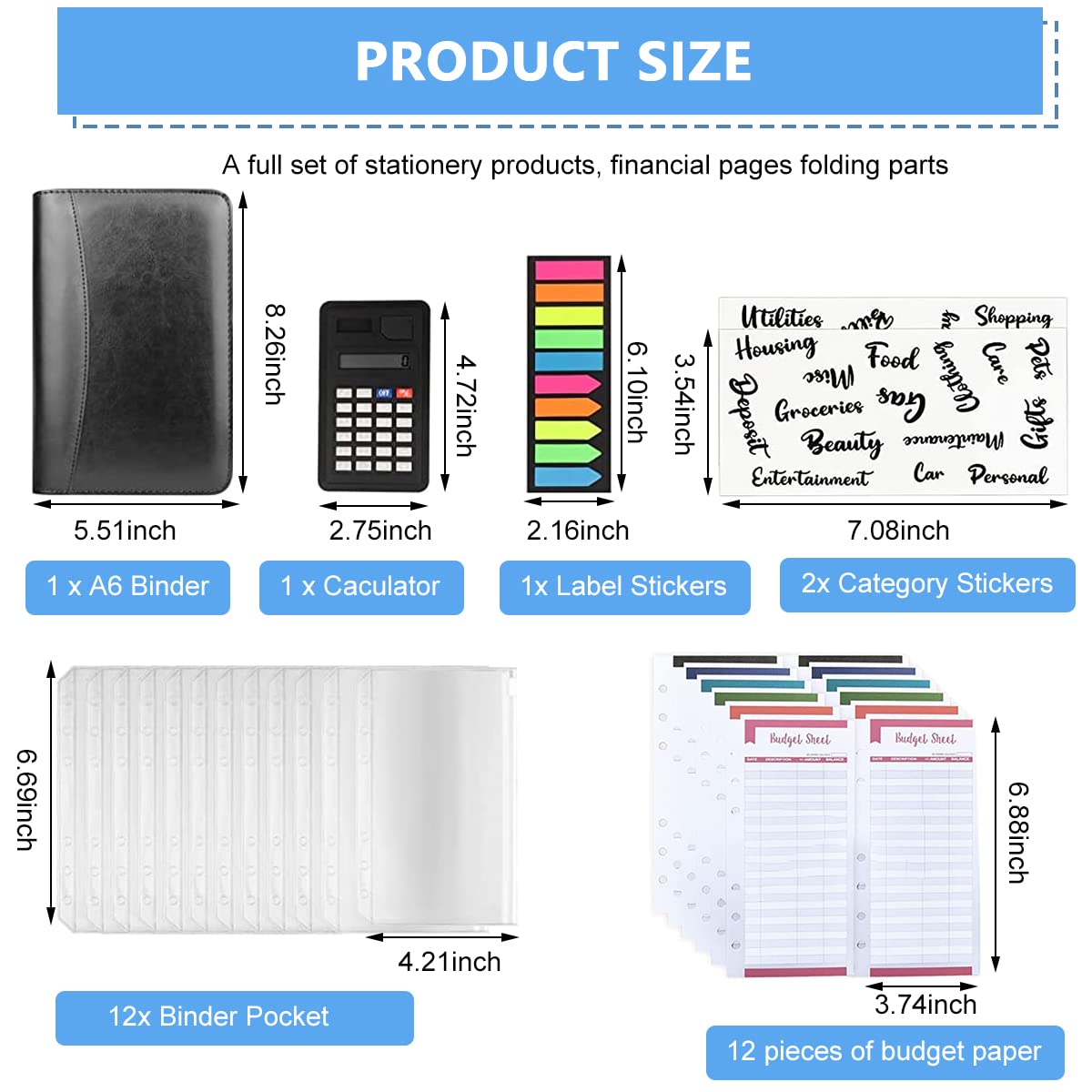 HASTHIP Leather File Folder for Documents Ring Binder Notebook Set, A6 Binder Clip Budget Notebook with Budget Sheet, Transparent Envelopes, Calculator, Cash Pocket, Multilayer A6 Notebook Folder