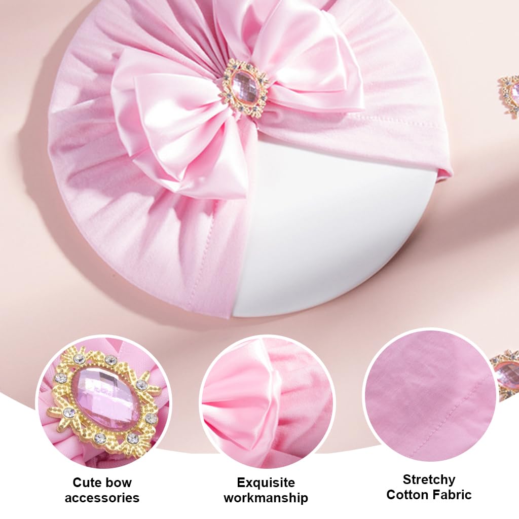 PALAY 3pcs Turban Caps for Baby Girl Boy Cute Infant Bow Caps for Baby Girl Stretchy Crystal Satin Bow Hat for Baby Girls Shower Gift Baby Caps for Born 0-12 Months