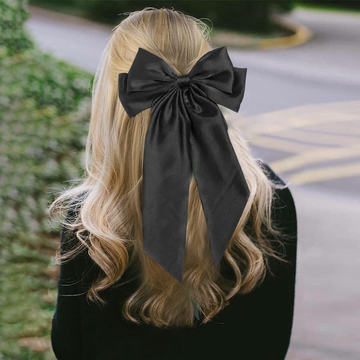 MAYCREATE Large Satin Hair Bows for Women Girls Silk-Like Stylish French Bow Hair Clip Bowknot Hair Barrettes Big Ribbon Bow with Long Tail (Black)