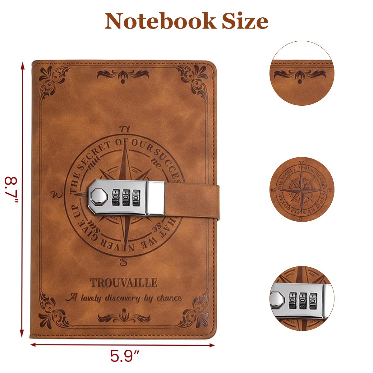 Climberty Diary with Lock, A5 PU Leather Journal with Lock 200 Pages, Lock Diary Vintage Lock Journal Password Protected Notebook, Lock Diary for Men and Women, 22 X 15 cm (Brown)