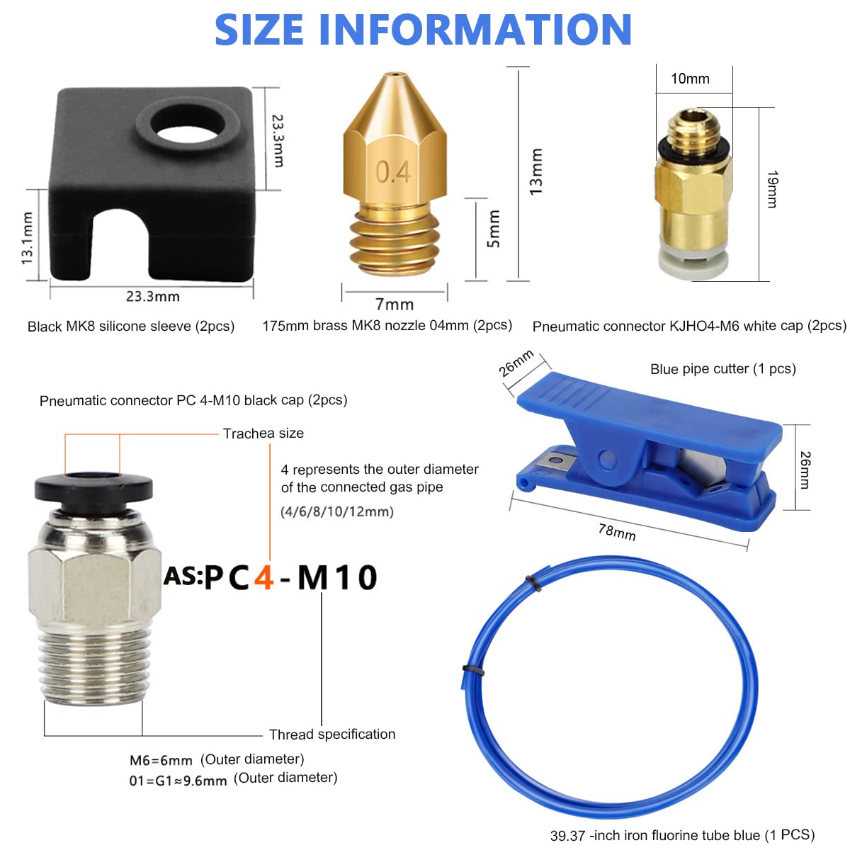 HASTHIP Upgrade 3D Printer Kit with Capricorn Premium XS Bowden Tubing 1M, PTFE Teflon Tube Cutter, Pneumatic Fittings and MK8 Socks and Extra Nozzles for Ender 3/3 Pro/ 5/ Vyper/Voxelab Aquila